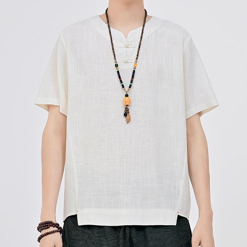 Buddha Stones Chemises d'été minimalistes à manches courtes pour hommes, col rond et col à deux boutons grenouille, style Tang. - image 4