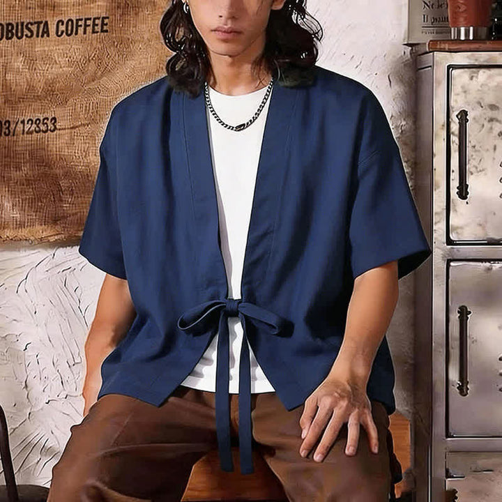 Buddha Stones Kimono d'été minimaliste à manches courtes, uni, en coton et lin, à lacets et ouverture sur le devant, pour homme. - image 9