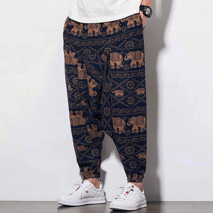 Pantalon harem court pour homme, imprimé éléphant marron et noir, avec poches , Buddha Stones - image 3
