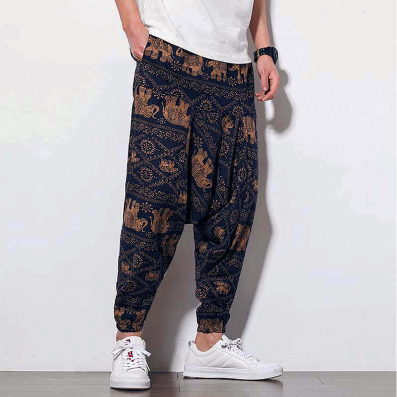 Pantalon harem court pour homme, imprimé éléphant marron et noir, avec poches , Buddha Stones - image 8