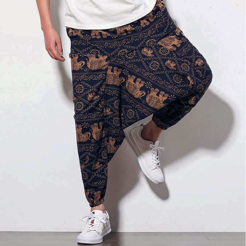 Pantalon harem court pour homme, imprimé éléphant marron et noir, avec poches , Buddha Stones - image 7