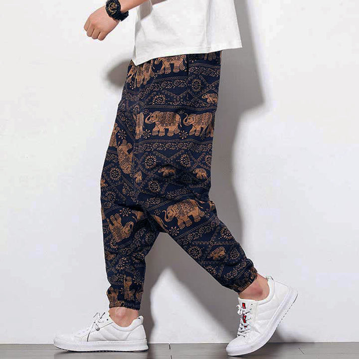 Pantalon harem court pour homme, imprimé éléphant marron et noir, avec poches , Buddha Stones - Éléphant style long - US/UK/AU46，EU56 (5XL) - image 0
