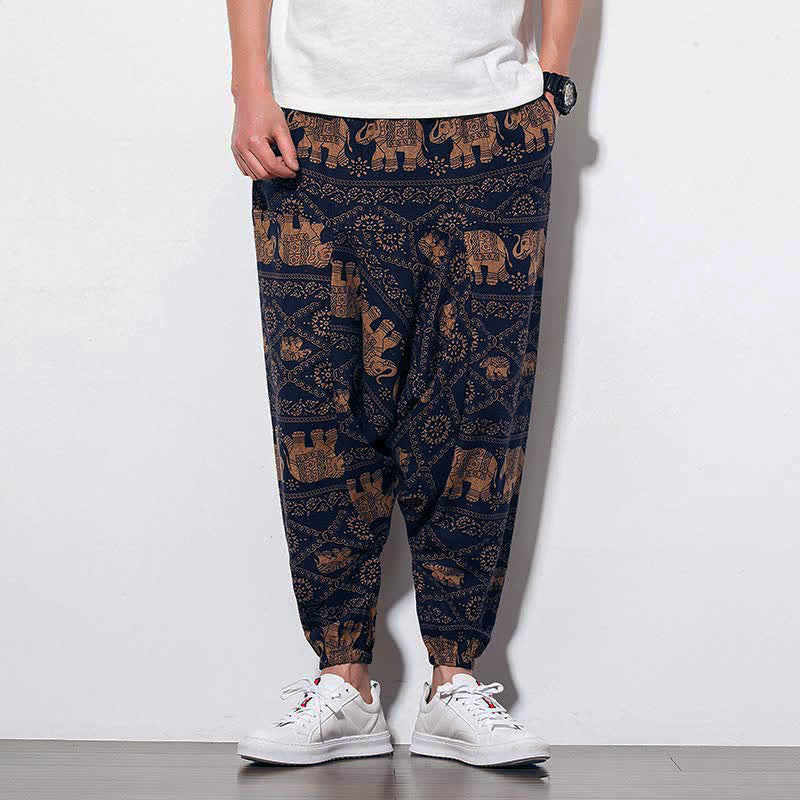 Pantalon harem court pour homme, imprimé éléphant marron et noir, avec poches , Buddha Stones - image 1