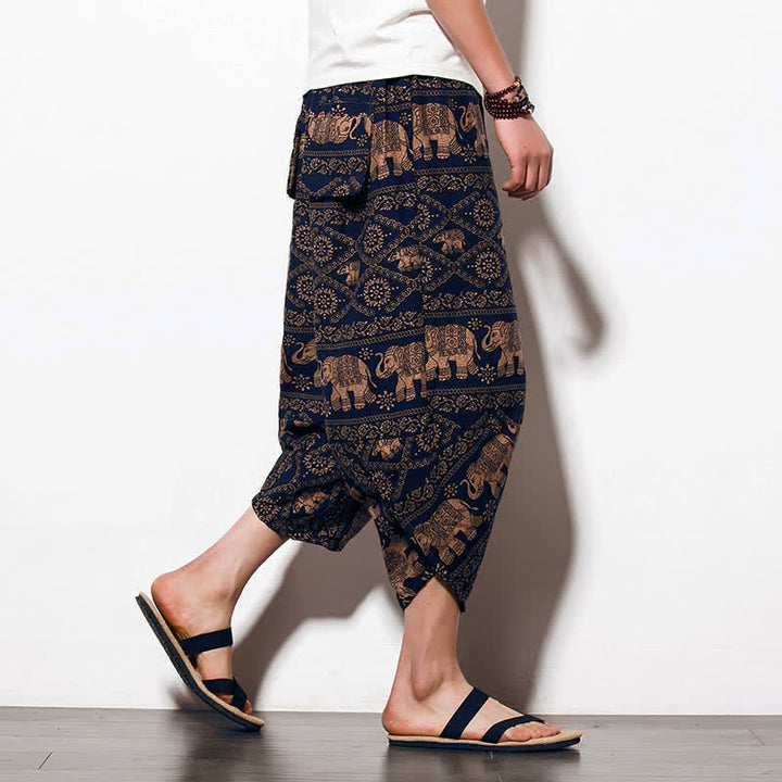 Pantalon harem court pour homme, imprimé éléphant marron et noir, avec poches , Buddha Stones - Éléphant style court - US/UK/AU46，EU56 (5XL) - image 9