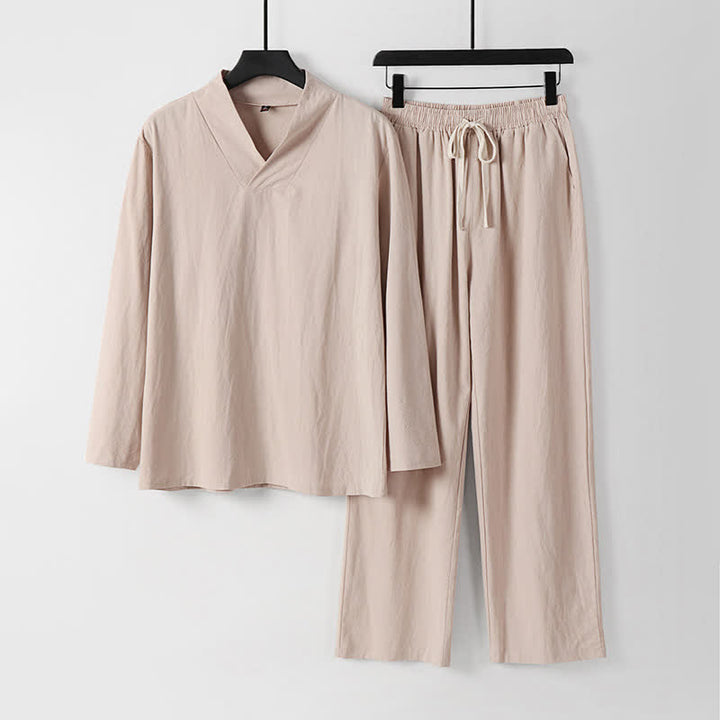 Ensemble pour homme Tang en coton et lin avec haut et pantalon Hanfu, orné de Buddha Stones et de colliers croisés. - Bisque - US/UK/AU54，EU64 (9XL) - image 10