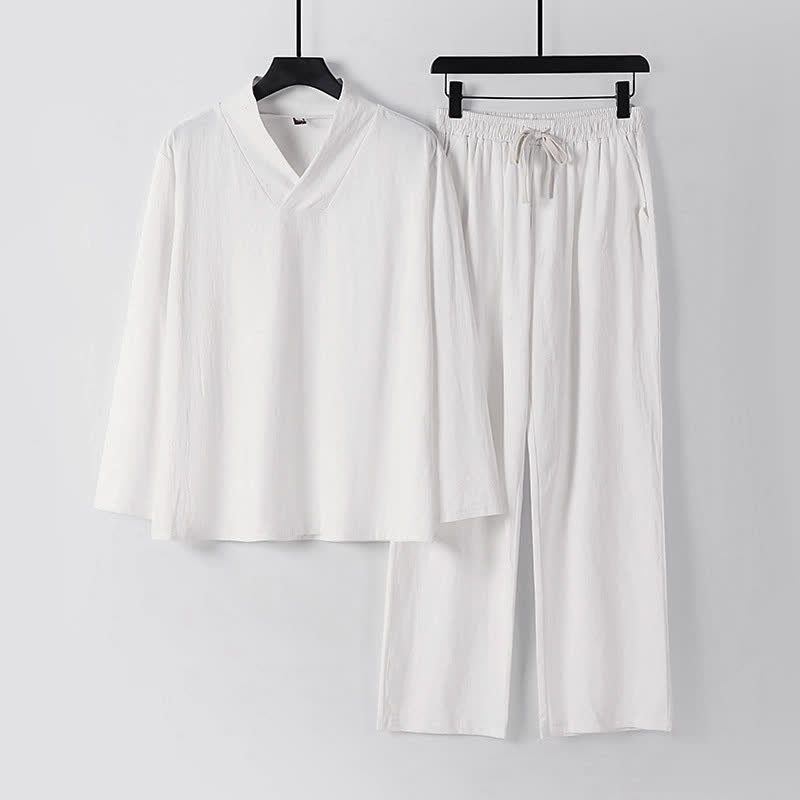 Ensemble pour homme Tang en coton et lin avec haut et pantalon Hanfu, orné de Buddha Stones et de colliers croisés. - Blanc - US/UK/AU54，EU64 (9XL) - image 13