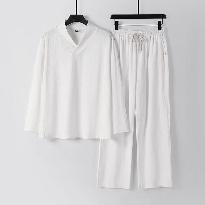 Ensemble pour homme Tang en coton et lin avec haut et pantalon Hanfu, orné de Buddha Stones et de colliers croisés. - Blanc - US/UK/AU54，EU64 (9XL) - image 13
