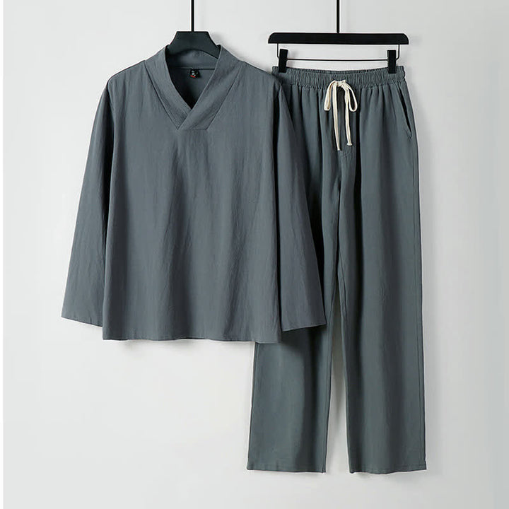 Ensemble pour homme Tang en coton et lin avec haut et pantalon Hanfu, orné de Buddha Stones et de colliers croisés. - Gris - US/UK/AU54，EU64 (9XL) - image 0