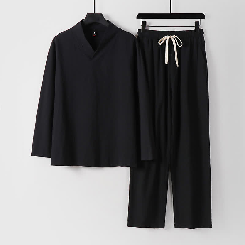 Ensemble pour homme Tang en coton et lin avec haut et pantalon Hanfu, orné de Buddha Stones et de colliers croisés. - Noir - US/UK/AU54，EU64 (9XL) - image 3