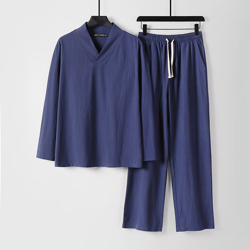 Ensemble pour homme Tang en coton et lin avec haut et pantalon Hanfu, orné de Buddha Stones et de colliers croisés. - Bleu ardoise foncé - US/UK/AU54，EU64 (9XL) - image 23