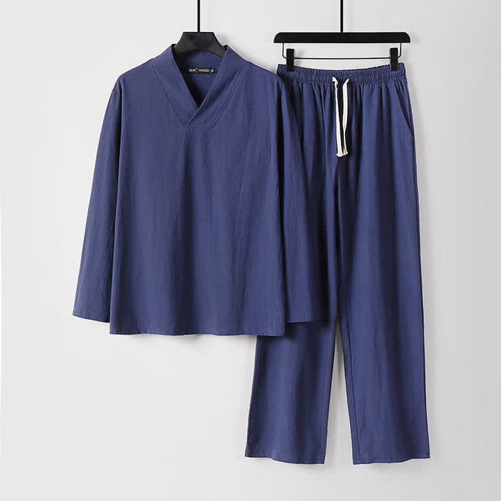 Ensemble pour homme Tang en coton et lin avec haut et pantalon Hanfu, orné de Buddha Stones et de colliers croisés. - Bleu ardoise foncé - US/UK/AU54，EU64 (9XL) - image 23