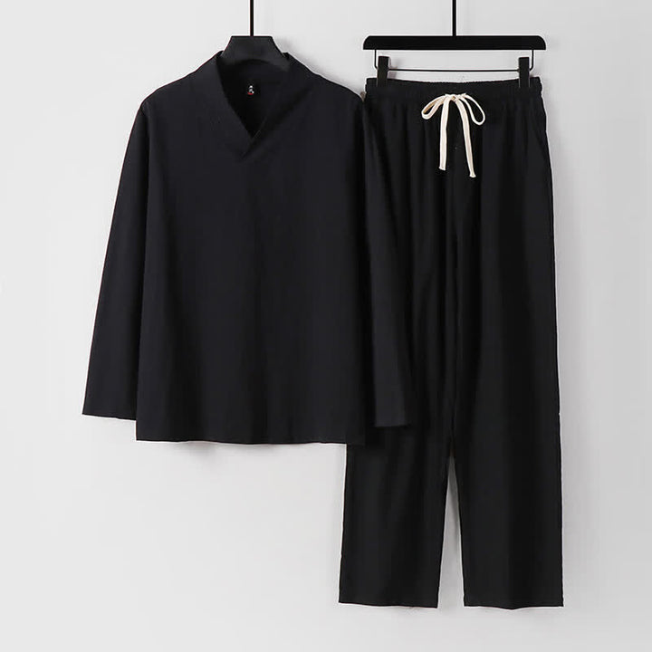 Ensemble pour homme Tang en coton et lin avec haut et pantalon Hanfu, orné de Buddha Stones et de colliers croisés. - Noir - US/UK/AU54，EU64 (9XL) - image 3
