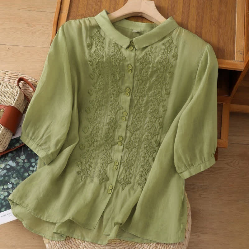 Chemise femme d'été unie à boutons et broderie florale, manches trois-quarts, col à revers, Buddha Stones - image 1