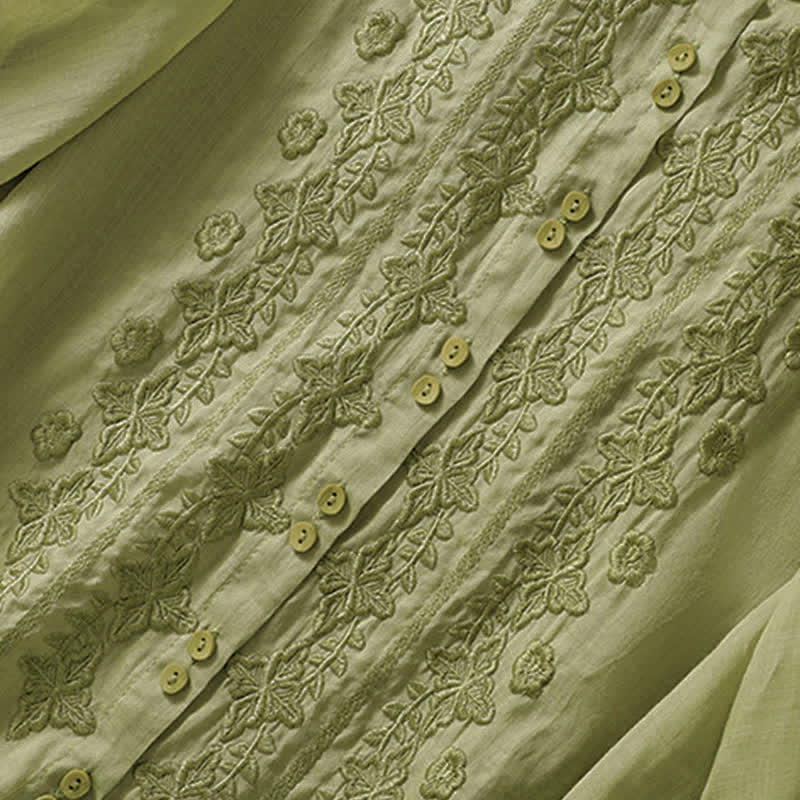 Chemise femme d'été unie à boutons et broderie florale, manches trois-quarts, col à revers, Buddha Stones - image 3