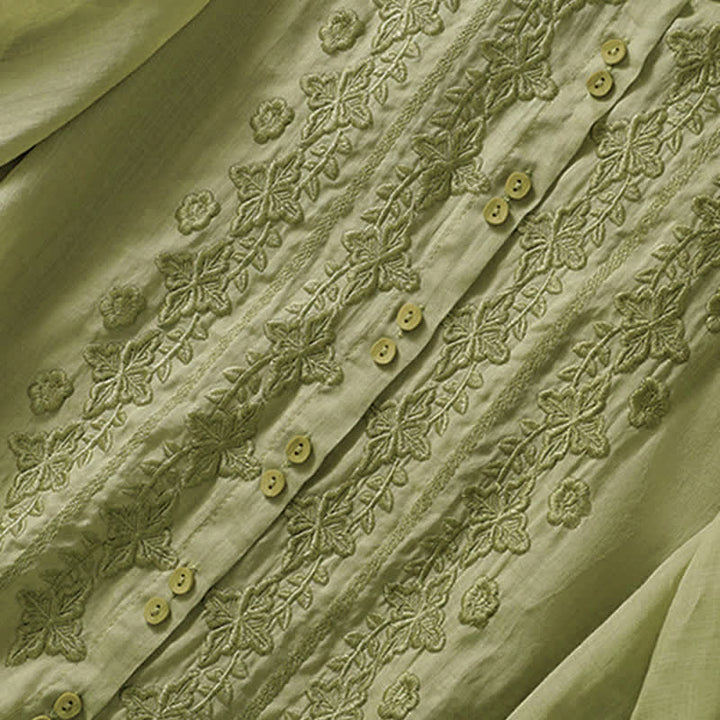Chemise femme d'été unie à boutons et broderie florale, manches trois-quarts, col à revers, Buddha Stones - image 3