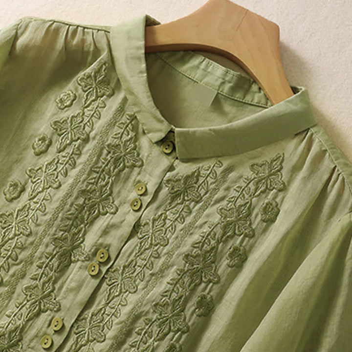 Chemise femme d'été unie à boutons et broderie florale, manches trois-quarts, col à revers, Buddha Stones - image 2