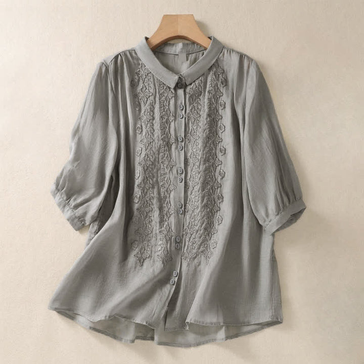 Chemise femme d'été unie à boutons et broderie florale, manches trois-quarts, col à revers, Buddha Stones - Gris foncé - US12，UK/AU16，EU44 (2XL) - image 13