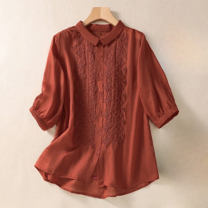 Chemise femme d'été unie à boutons et broderie florale, manches trois-quarts, col à revers, Buddha Stones - Rouge - US12，UK/AU16，EU44 (2XL) - image 19