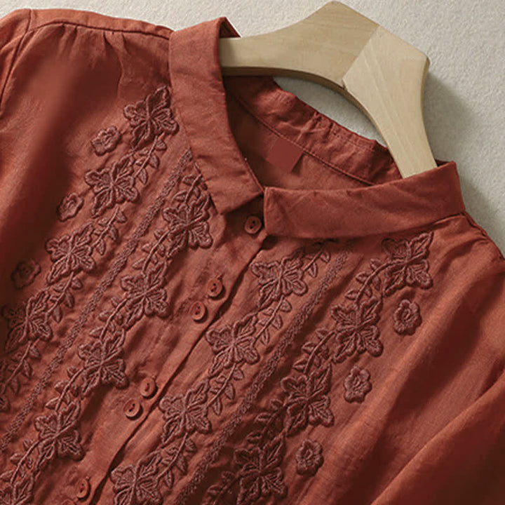 Chemise femme d'été unie à boutons et broderie florale, manches trois-quarts, col à revers, Buddha Stones - image 21