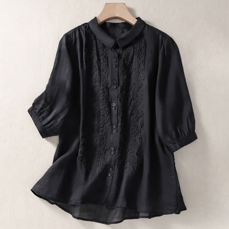 Chemise femme d'été unie à boutons et broderie florale, manches trois-quarts, col à revers, Buddha Stones - Noir - US12，UK/AU16，EU44 (2XL) - image 26