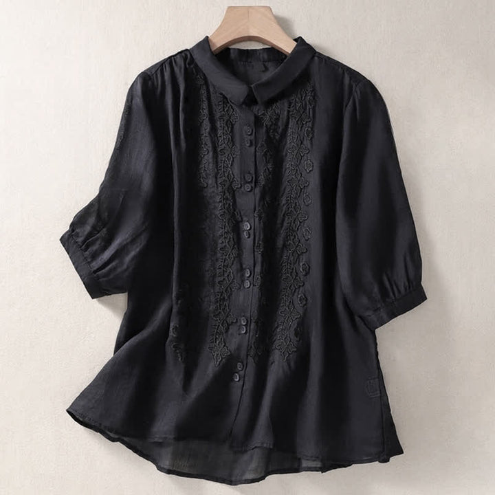 Chemise femme d'été unie à boutons et broderie florale, manches trois-quarts, col à revers, Buddha Stones - Noir - US12，UK/AU16，EU44 (2XL) - image 26