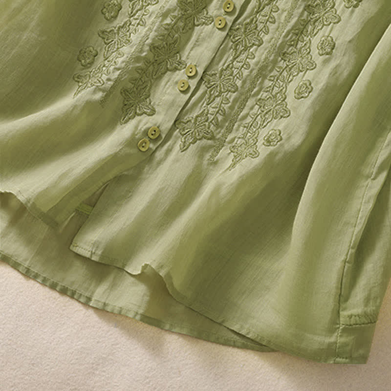 Chemise femme d'été unie à boutons et broderie florale, manches trois-quarts, col à revers, Buddha Stones - image 4