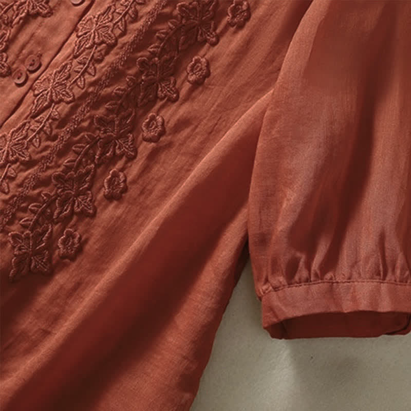 Chemise femme d'été unie à boutons et broderie florale, manches trois-quarts, col à revers, Buddha Stones - image 25