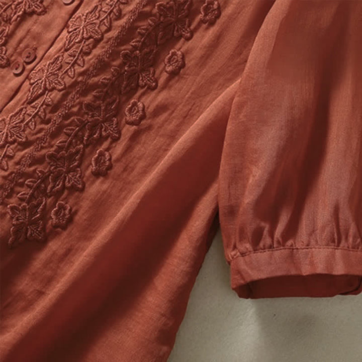 Chemise femme d'été unie à boutons et broderie florale, manches trois-quarts, col à revers, Buddha Stones - image 25