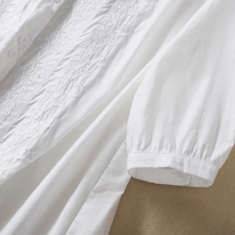 Chemise femme d'été unie à boutons et broderie florale, manches trois-quarts, col à revers, Buddha Stones - image 10