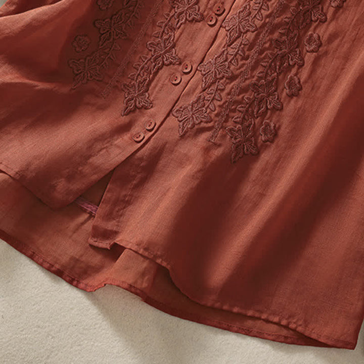 Chemise femme d'été unie à boutons et broderie florale, manches trois-quarts, col à revers, Buddha Stones - image 24