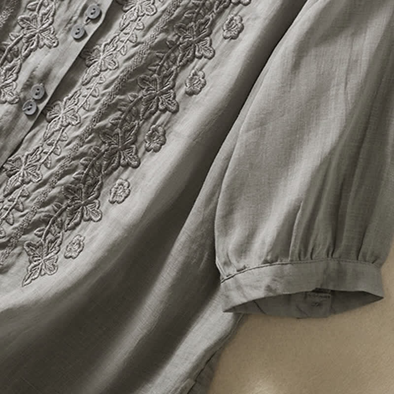Chemise femme d'été unie à boutons et broderie florale, manches trois-quarts, col à revers, Buddha Stones - image 17