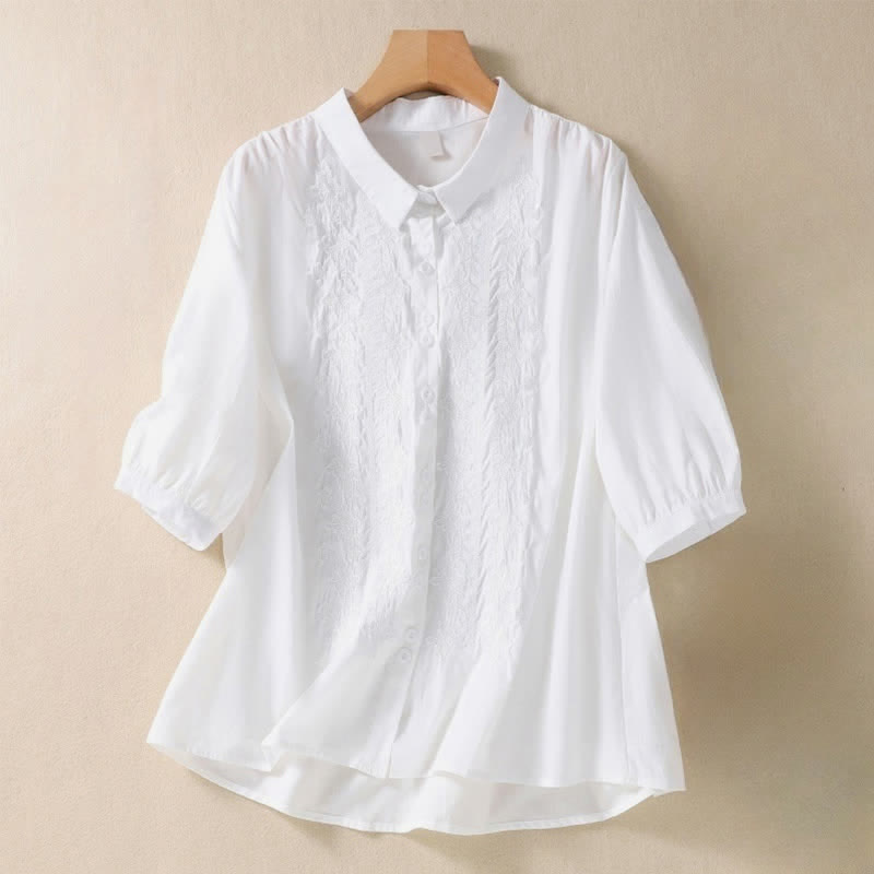 Chemise femme d'été unie à boutons et broderie florale, manches trois-quarts, col à revers, Buddha Stones - Blanc - US8-10，UK/AU12-14，EU40-42 (2XL) - image 5