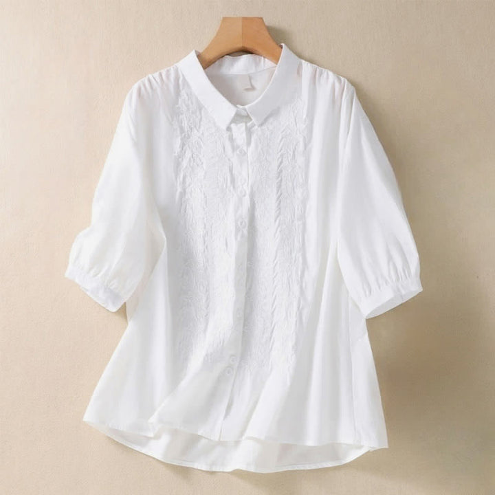Chemise femme d'été unie à boutons et broderie florale, manches trois-quarts, col à revers, Buddha Stones - Blanc - US8-10，UK/AU12-14，EU40-42 (2XL) - image 5