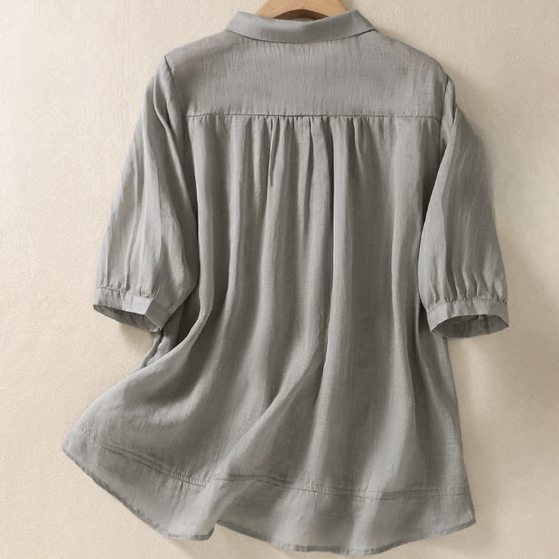 Chemise femme d'été unie à boutons et broderie florale, manches trois-quarts, col à revers, Buddha Stones - image 14