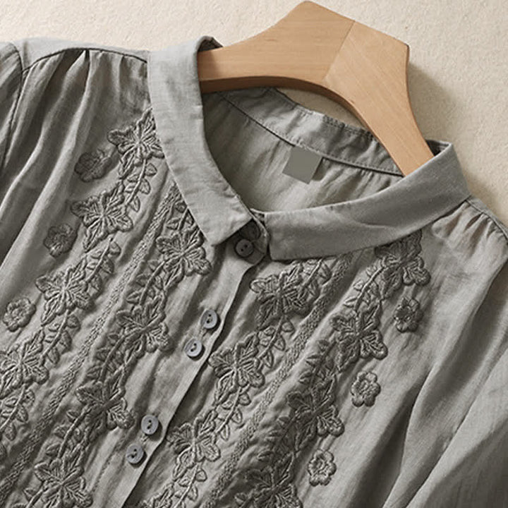 Chemise femme d'été unie à boutons et broderie florale, manches trois-quarts, col à revers, Buddha Stones - image 15