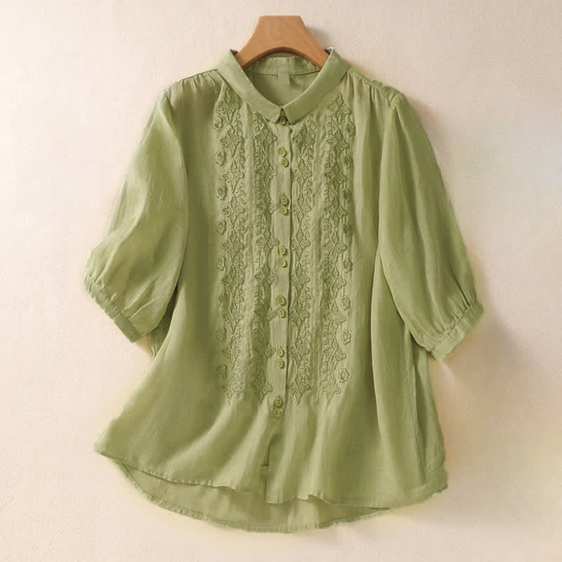 Chemise femme d'été unie à boutons et broderie florale, manches trois-quarts, col à revers, Buddha Stones - Vert pâle - US8-10，UK/AU12-14，EU40-42 (2XL) - image 0