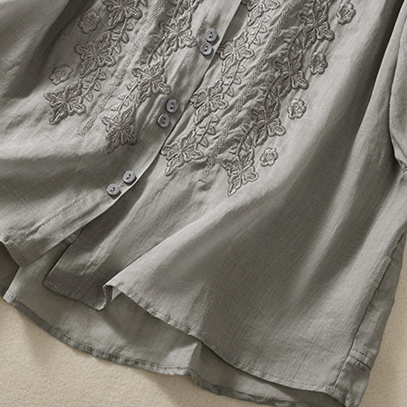 Chemise femme d'été unie à boutons et broderie florale, manches trois-quarts, col à revers, Buddha Stones - image 18