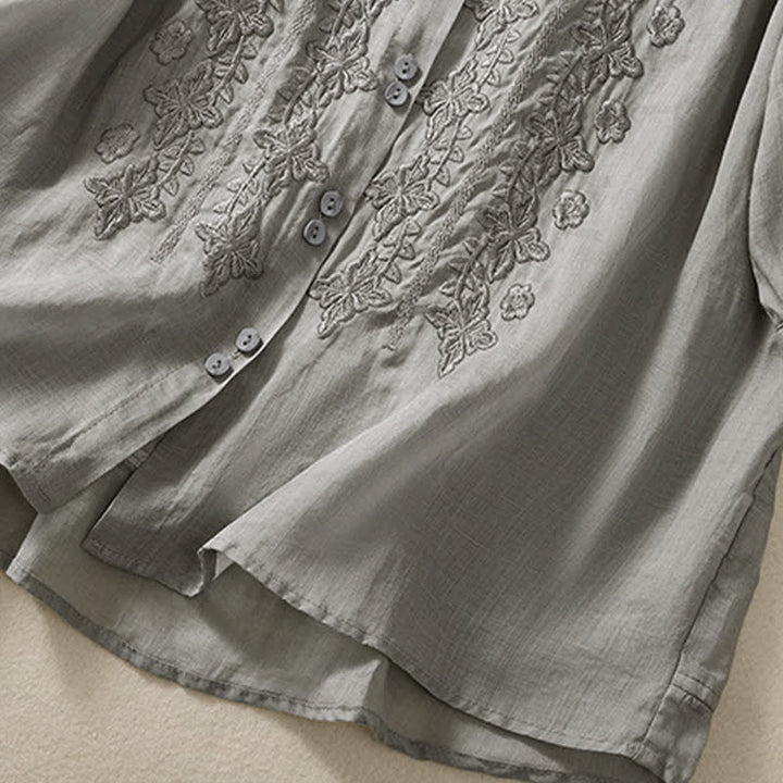 Chemise femme d'été unie à boutons et broderie florale, manches trois-quarts, col à revers, Buddha Stones - image 18