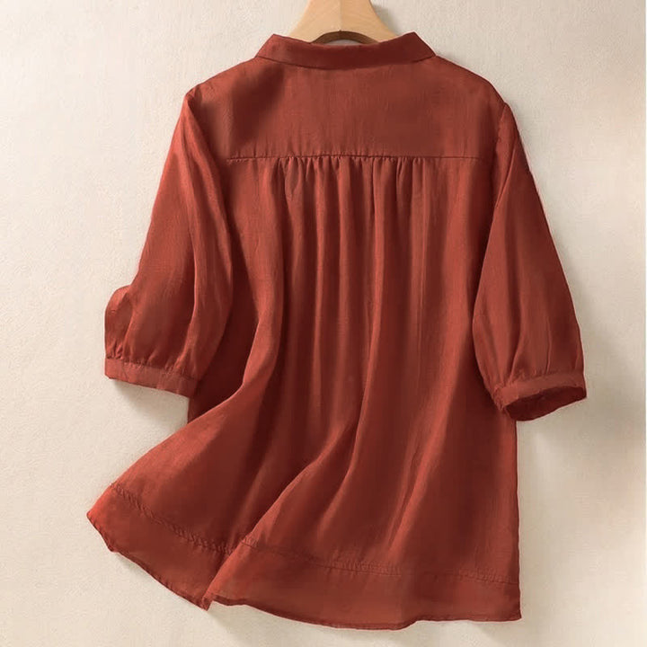 Chemise femme d'été unie à boutons et broderie florale, manches trois-quarts, col à revers, Buddha Stones - image 20