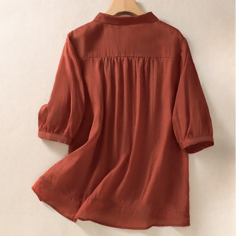 Chemise femme d'été unie à boutons et broderie florale, manches trois-quarts, col à revers, Buddha Stones - image 20
