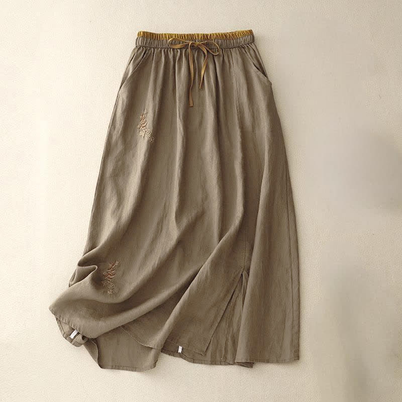 Jupe femme vintage à cordon de serrage, broderie unie, motif Buddha Stones , avec poches - Olive - US8-10，UK/AU12-14，EU40-42 (2XL) - image 0