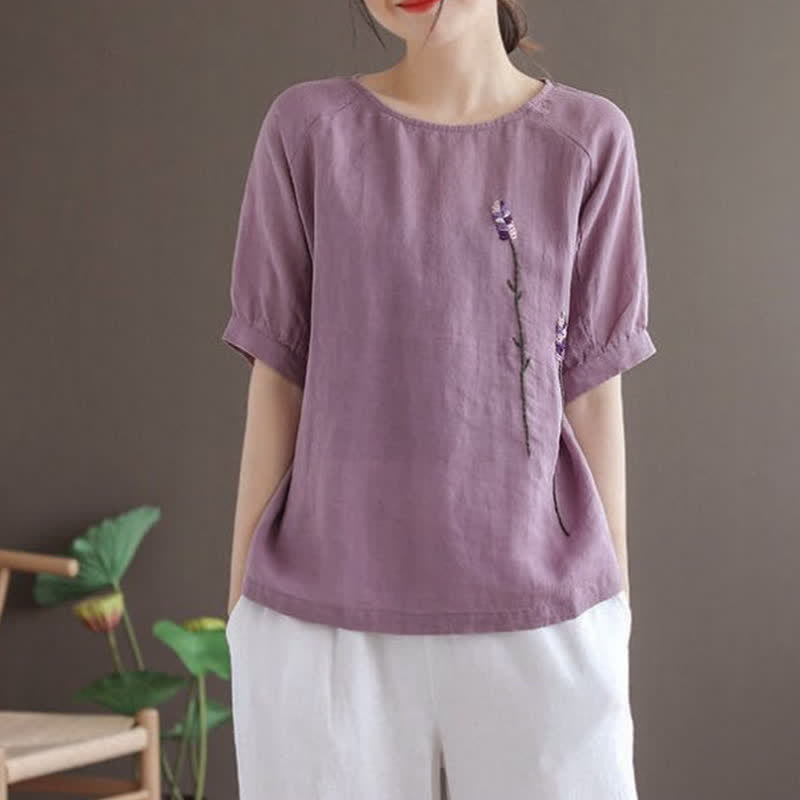 T-shirt à col rond pour femme, motif floral brodé style vintage été Buddha Stones - image 2