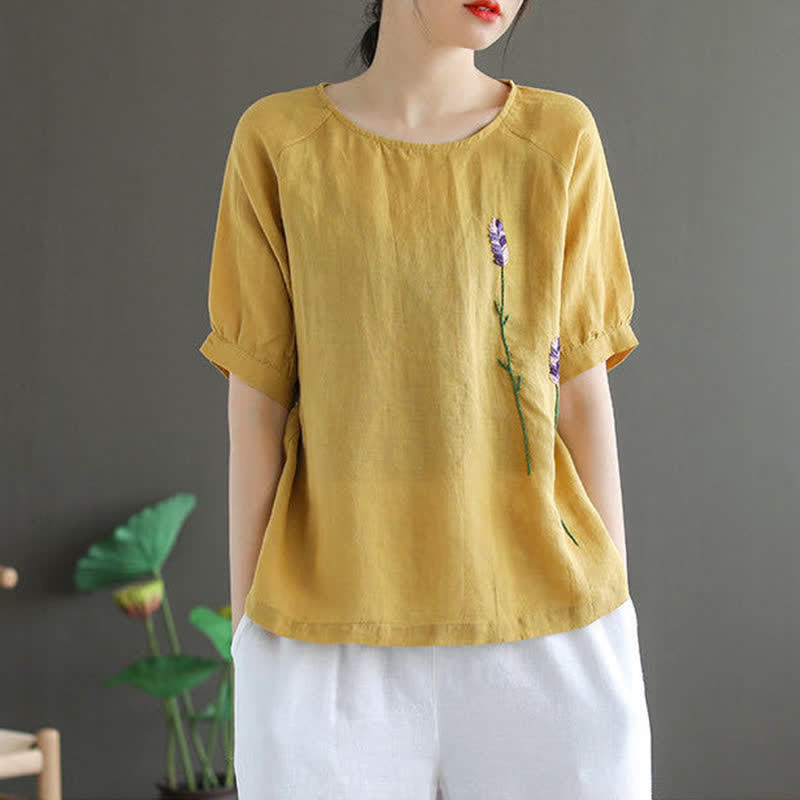 T-shirt à col rond pour femme, motif floral brodé style vintage été Buddha Stones - image 8