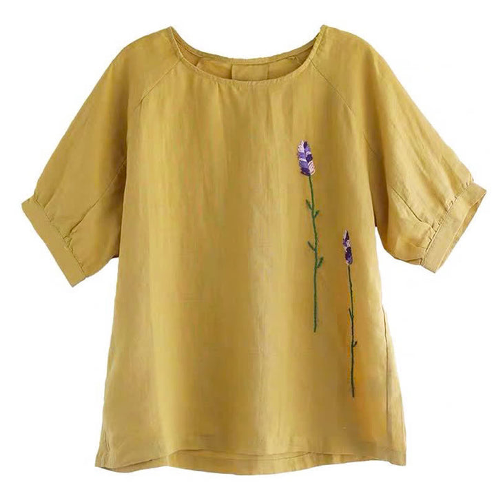 T-shirt à col rond pour femme, motif floral brodé style vintage été Buddha Stones - image 10