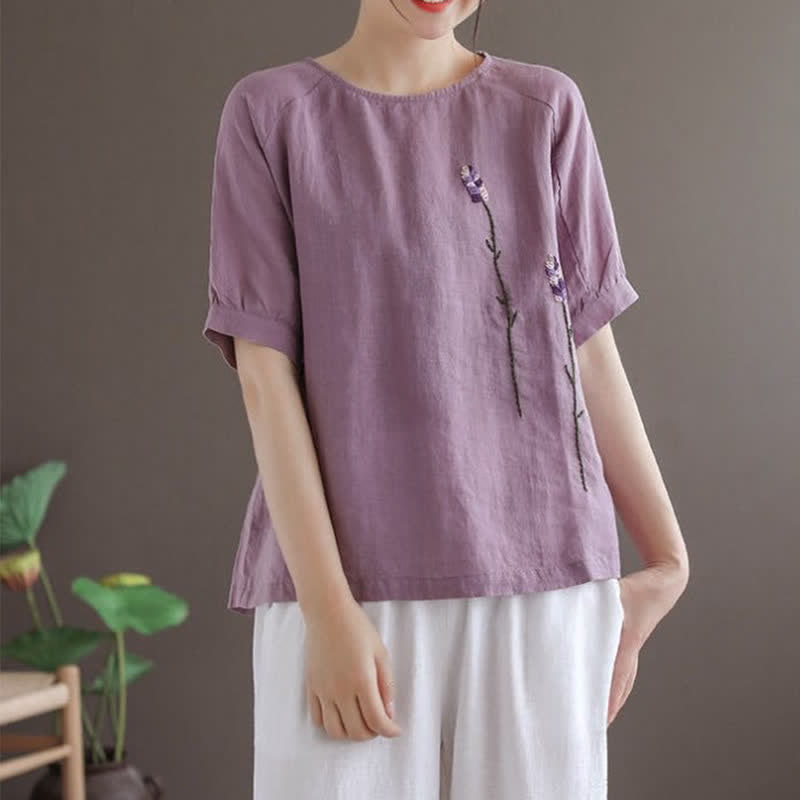 T-shirt à col rond pour femme, motif floral brodé style vintage été Buddha Stones - image 3