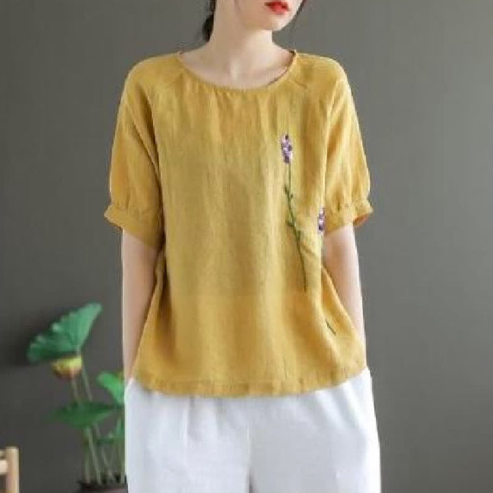 T-shirt à col rond pour femme, motif floral brodé style vintage été Buddha Stones - Kaki - US8-10，UK/AU12-14，EU40-42 (2XL) - image 5