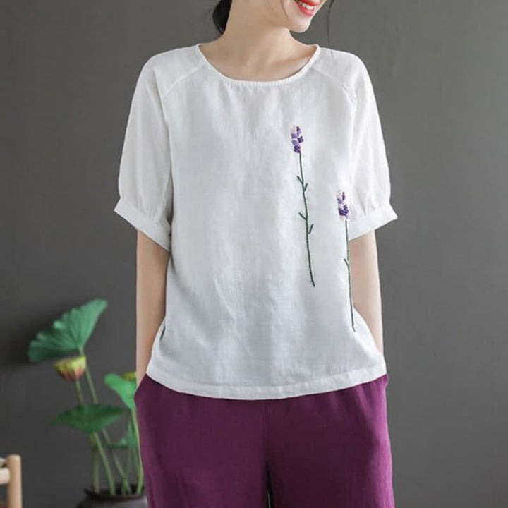 T-shirt à col rond pour femme, motif floral brodé style vintage été Buddha Stones - Blanc - US8-10，UK/AU12-14，EU40-42 (2XL) - image 11
