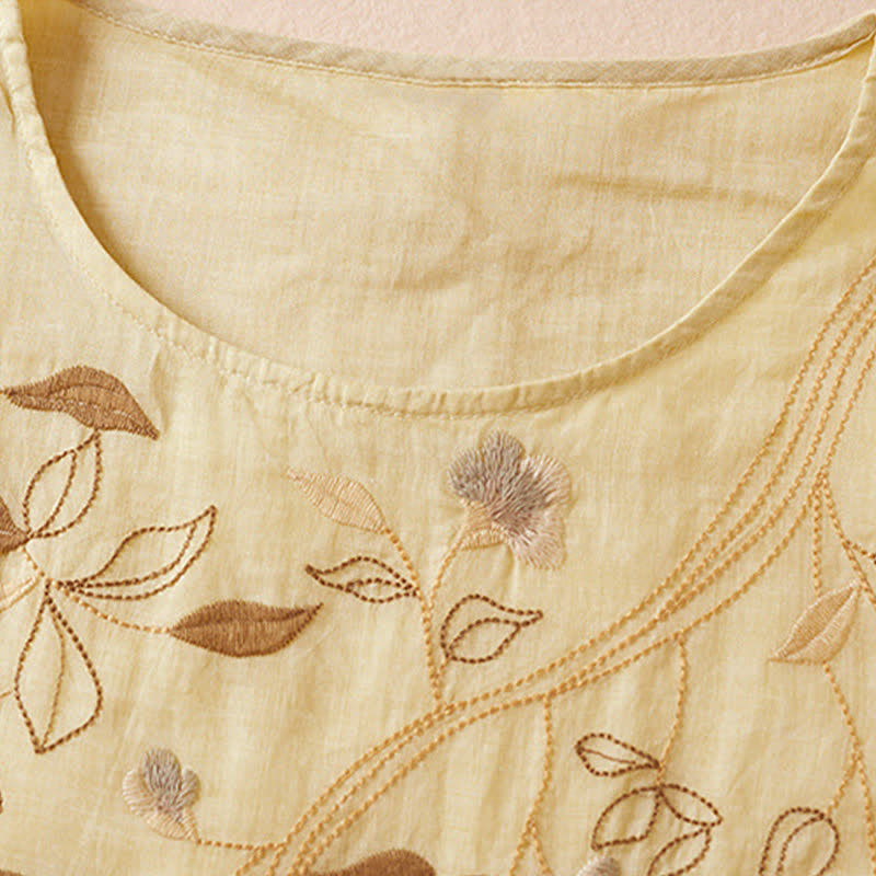 Robe midi en fibre à manches courtes et col rond, ornée de pierres de Bouddha et de feuilles brodées, avec Buddha Stones. - image 3