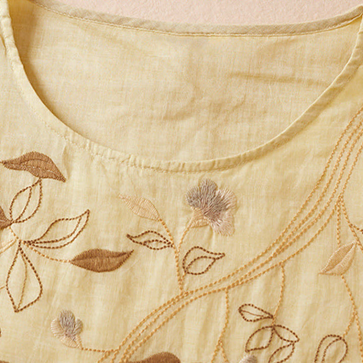 Robe midi en fibre à manches courtes et col rond, ornée de pierres de Bouddha et de feuilles brodées, avec Buddha Stones. - image 3