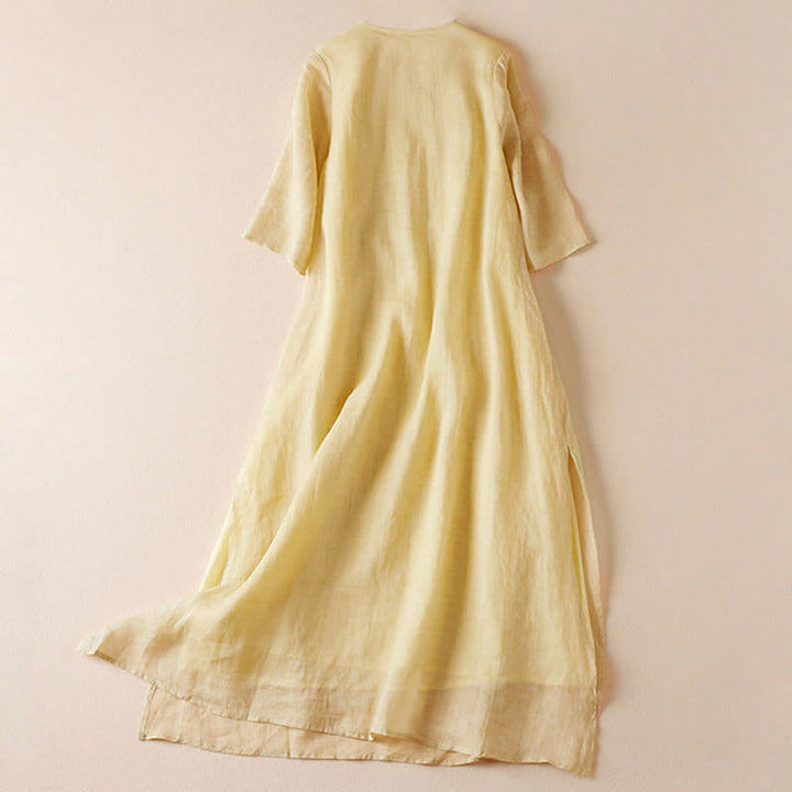 Robe midi en fibre à manches courtes et col rond, ornée de pierres de Bouddha et de feuilles brodées, avec Buddha Stones. - image 1